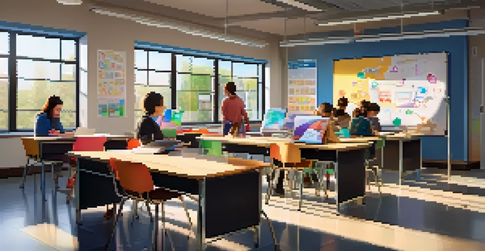 A diverse group of students in a modern classroom using AI educational tools while a teacher observes.