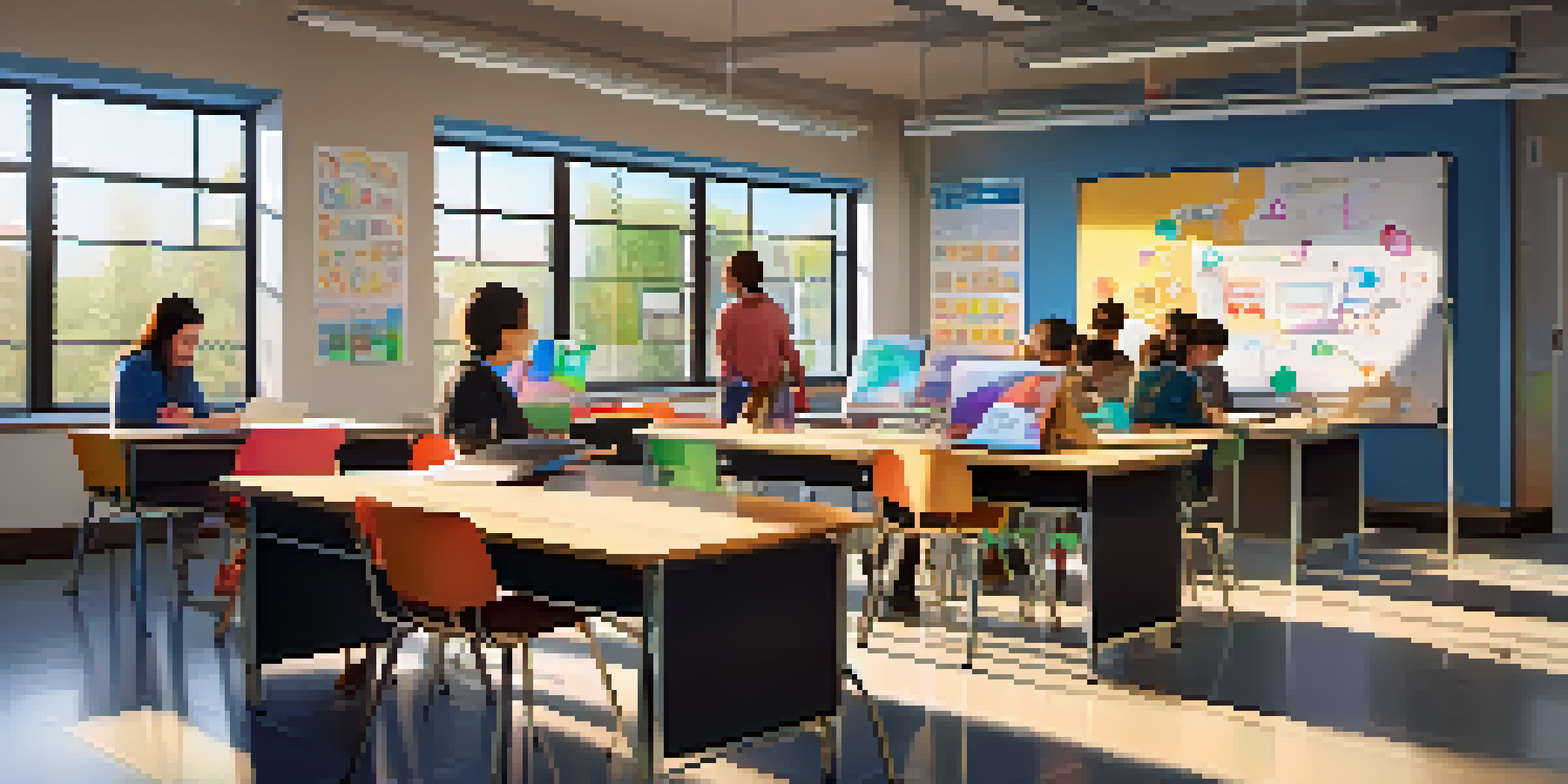 A diverse group of students in a modern classroom using AI educational tools while a teacher observes.