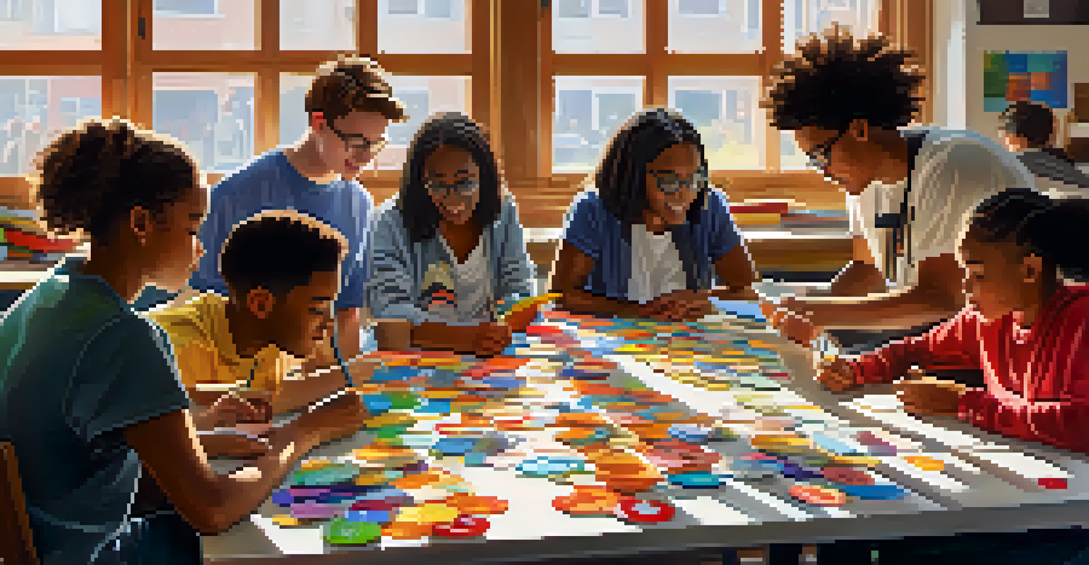 A diverse group of students collaborating and holding colorful badges around a table filled with papers and laptops, illuminated by sunlight.
