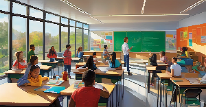 A vibrant classroom with diverse students working together, engaging with educational resources on a screen and surrounded by books and technology.