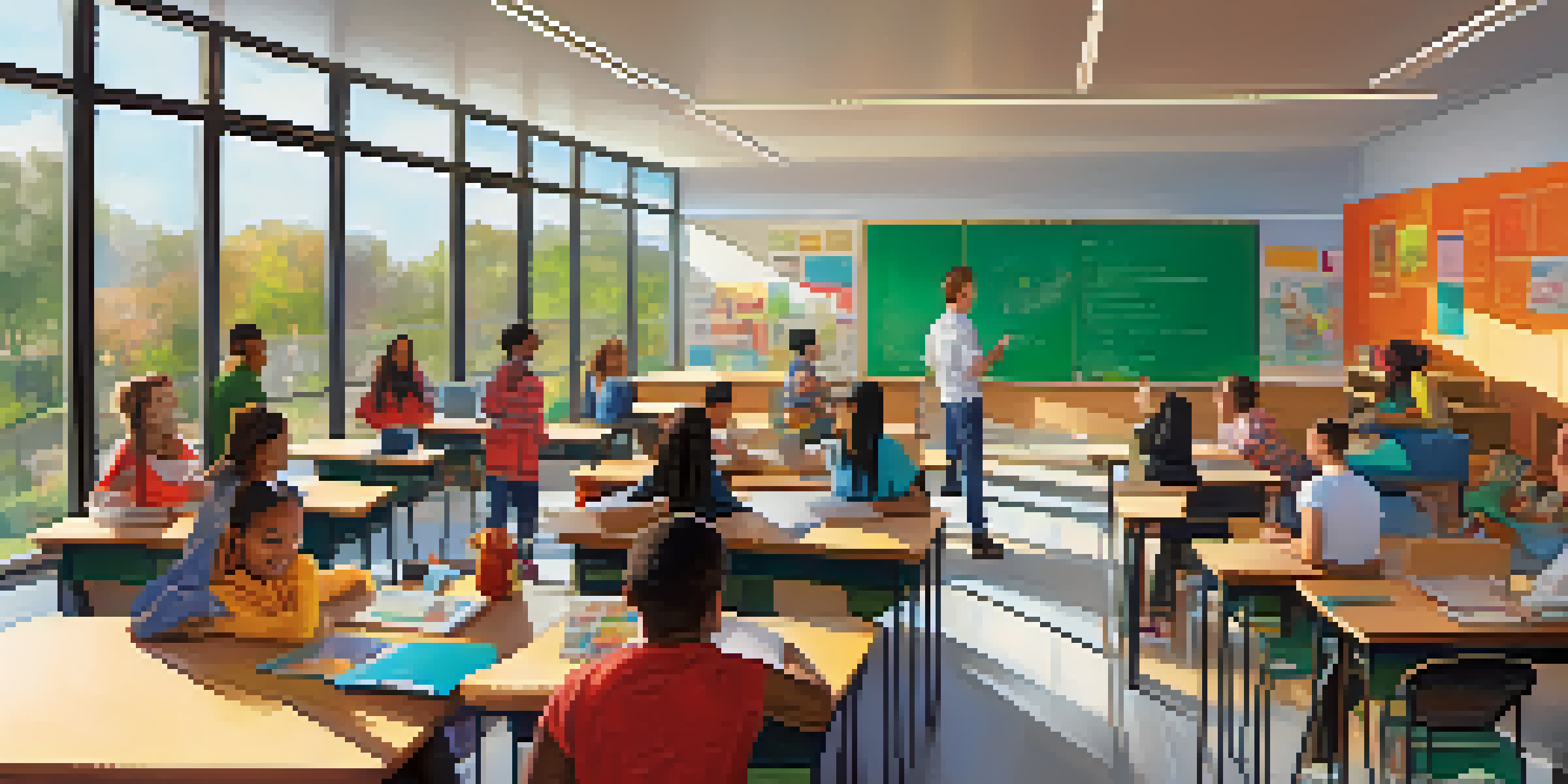 A vibrant classroom with diverse students working together, engaging with educational resources on a screen and surrounded by books and technology.