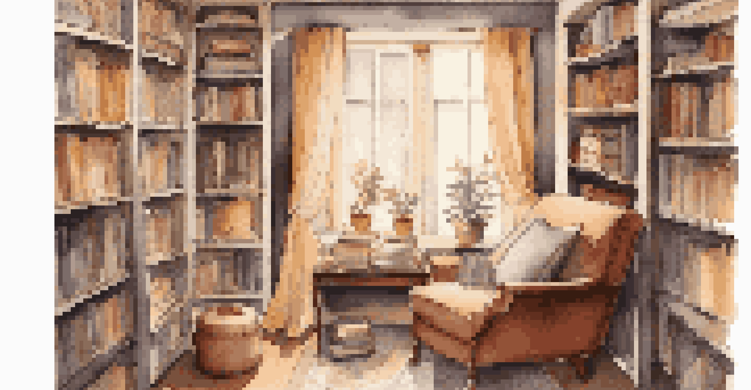 A person reading a book in a cozy nook with warm light, cushions, and shelves of books.