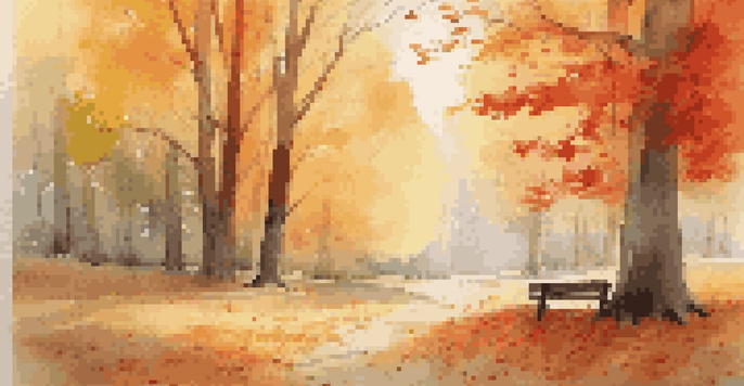 A peaceful forest in autumn with colorful leaves and a wooden bench for relaxation.