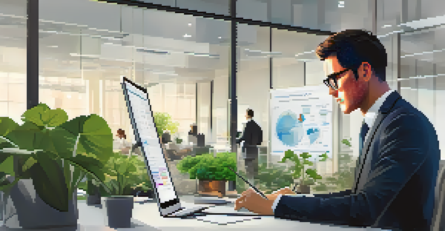 A business professional focused on a report about digital inclusion initiatives in a modern office filled with plants.