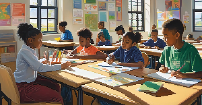 A lively classroom scene with diverse students participating in various learning activities, showcasing collaboration and respect for different learning speeds.