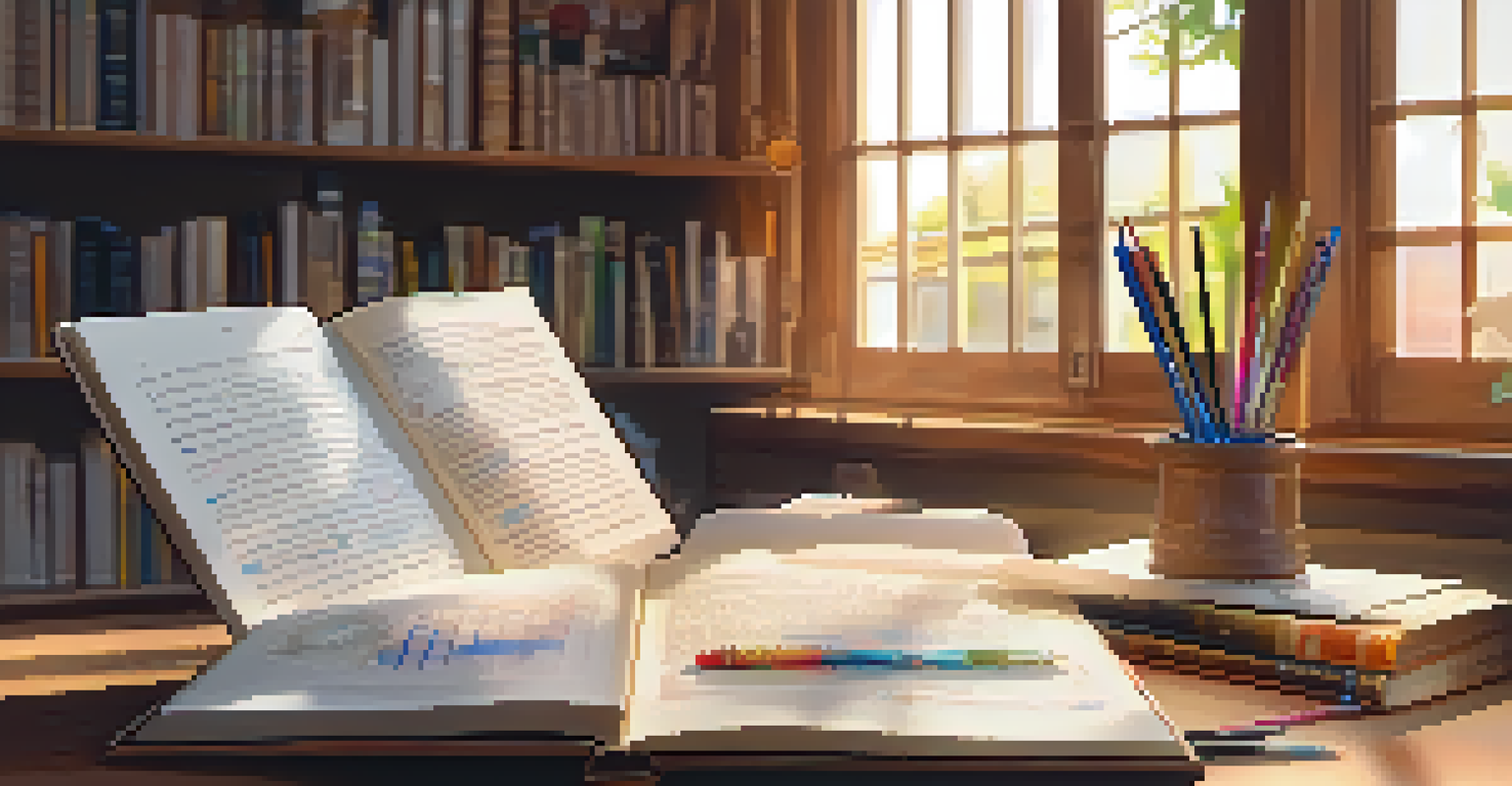 An open book with diagrams and text in a sunny study space, surrounded by study materials.
