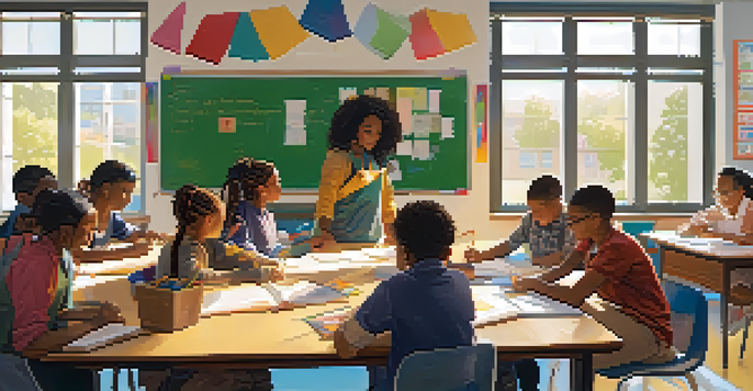 A diverse group of students working together on a project in a bright classroom, with a teacher guiding them.