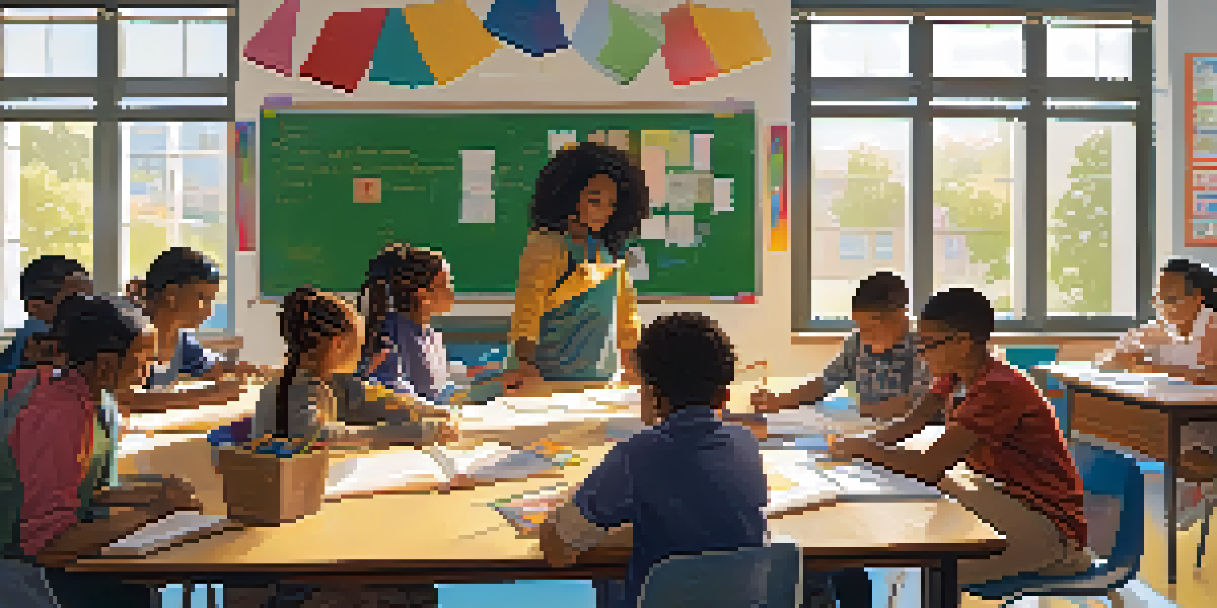 A diverse group of students working together on a project in a bright classroom, with a teacher guiding them.
