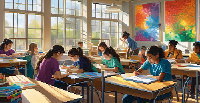 A lively classroom with students collaborating on a project that combines art and science, surrounded by colorful artwork and natural light.
