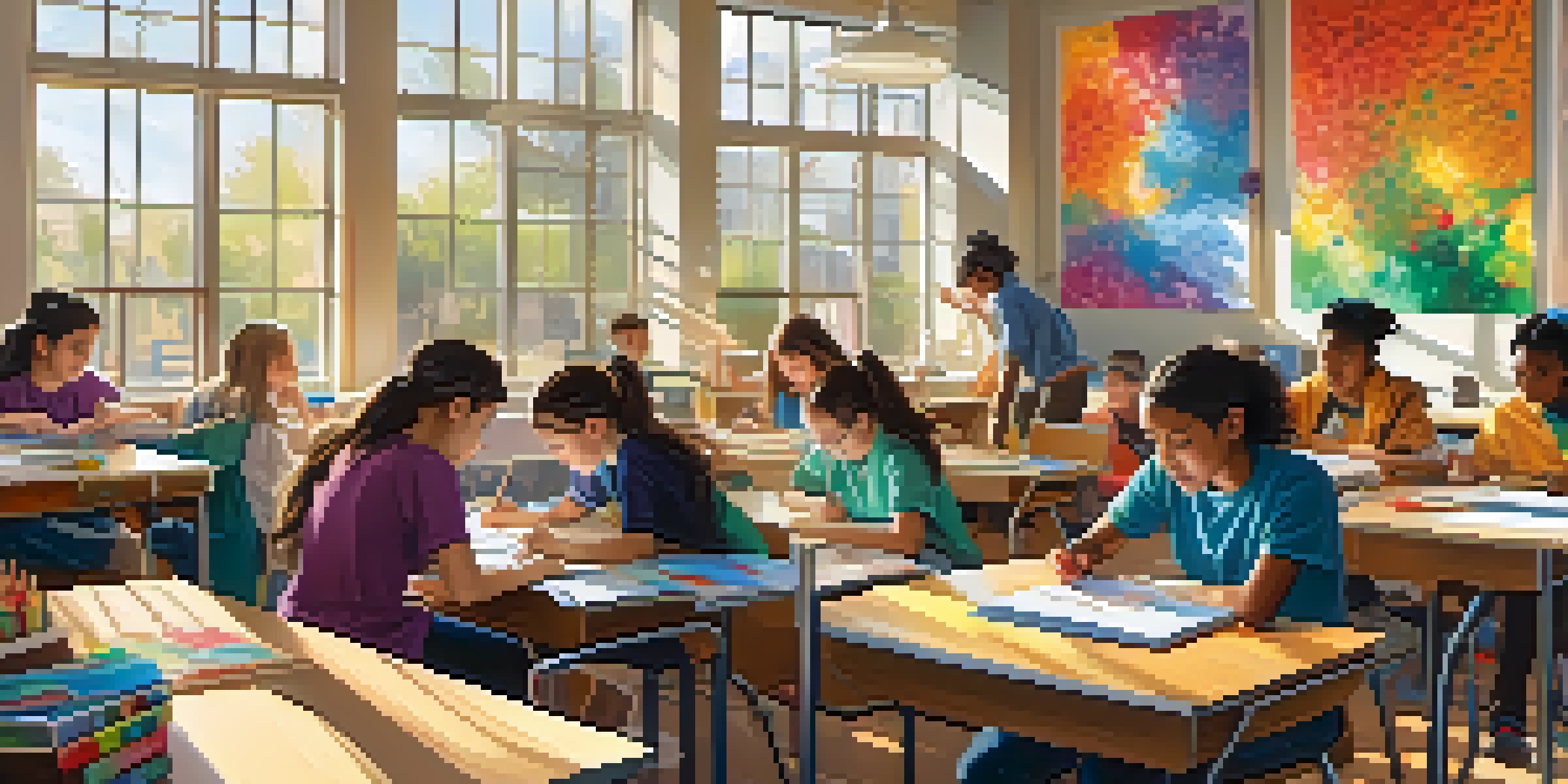 A lively classroom with students collaborating on a project that combines art and science, surrounded by colorful artwork and natural light.