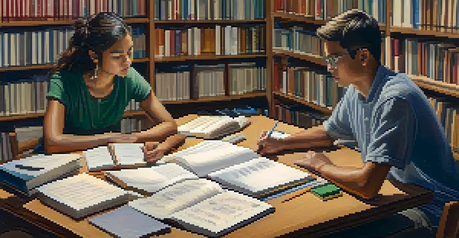 Two students deeply engaged in discussion and collaboration at a library table, surrounded by study materials.