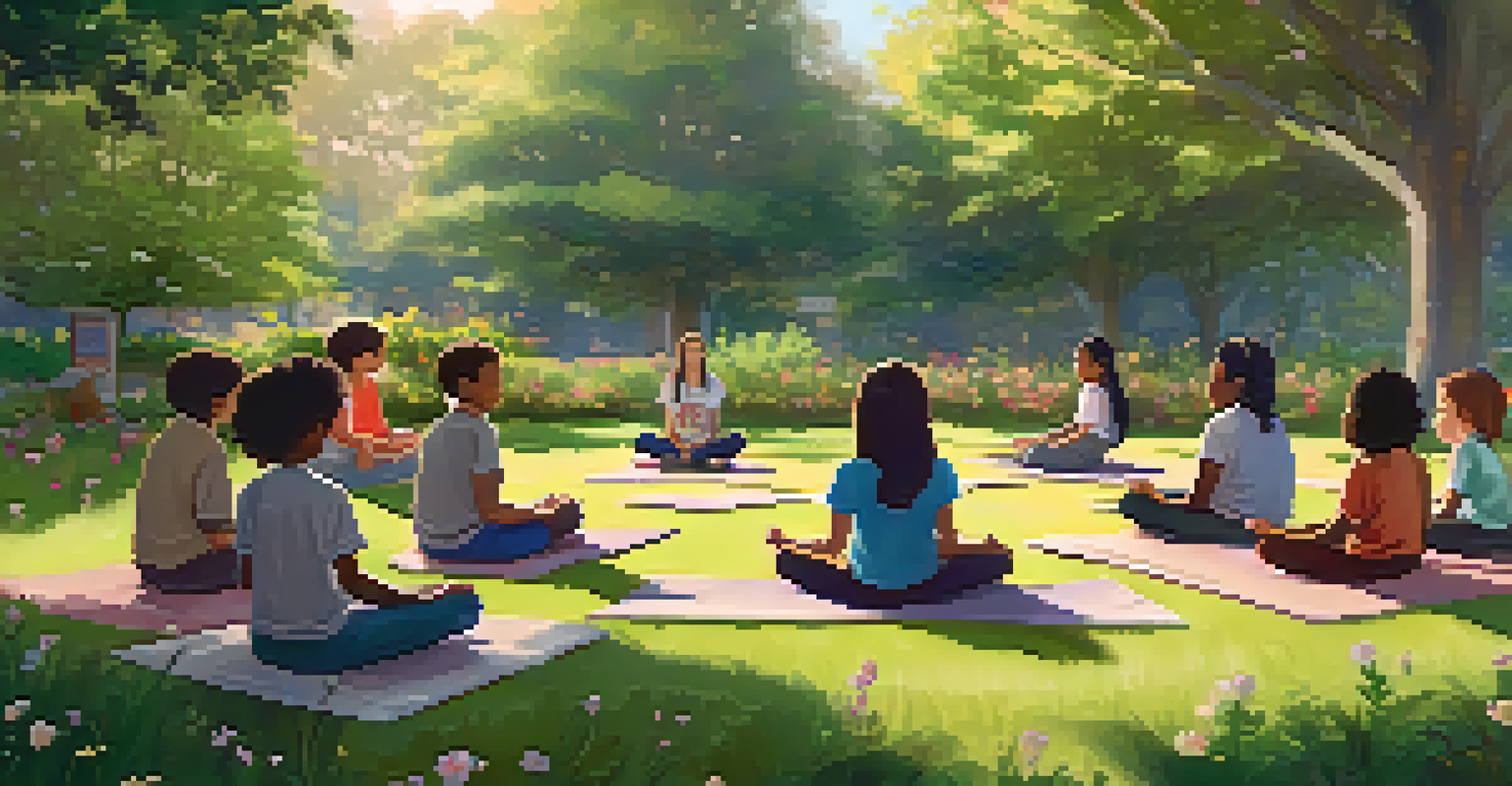 A tranquil garden scene with students practicing mindfulness on the grass, surrounded by flowers and trees, while a counselor leads them in meditation.