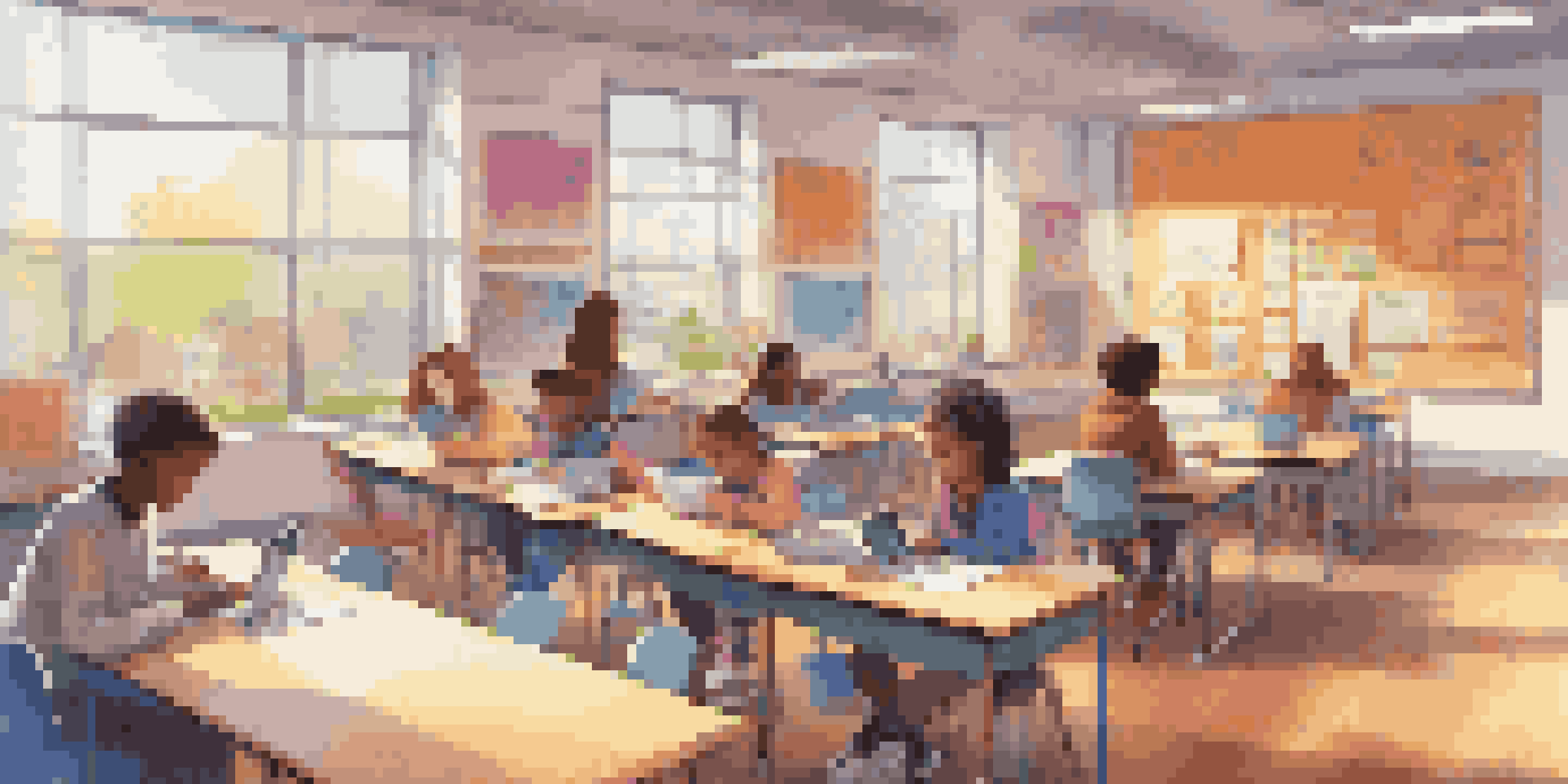 A lively classroom filled with students using digital tools like laptops and tablets, collaborating on projects in a bright and colorful environment.
