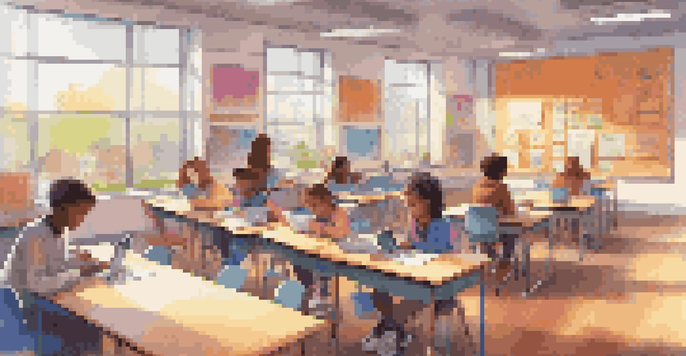 A lively classroom filled with students using digital tools like laptops and tablets, collaborating on projects in a bright and colorful environment.