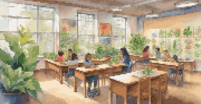 A bright and lively classroom with large windows, indoor plants, and colorful nature murals, showcasing students in a collaborative setting.