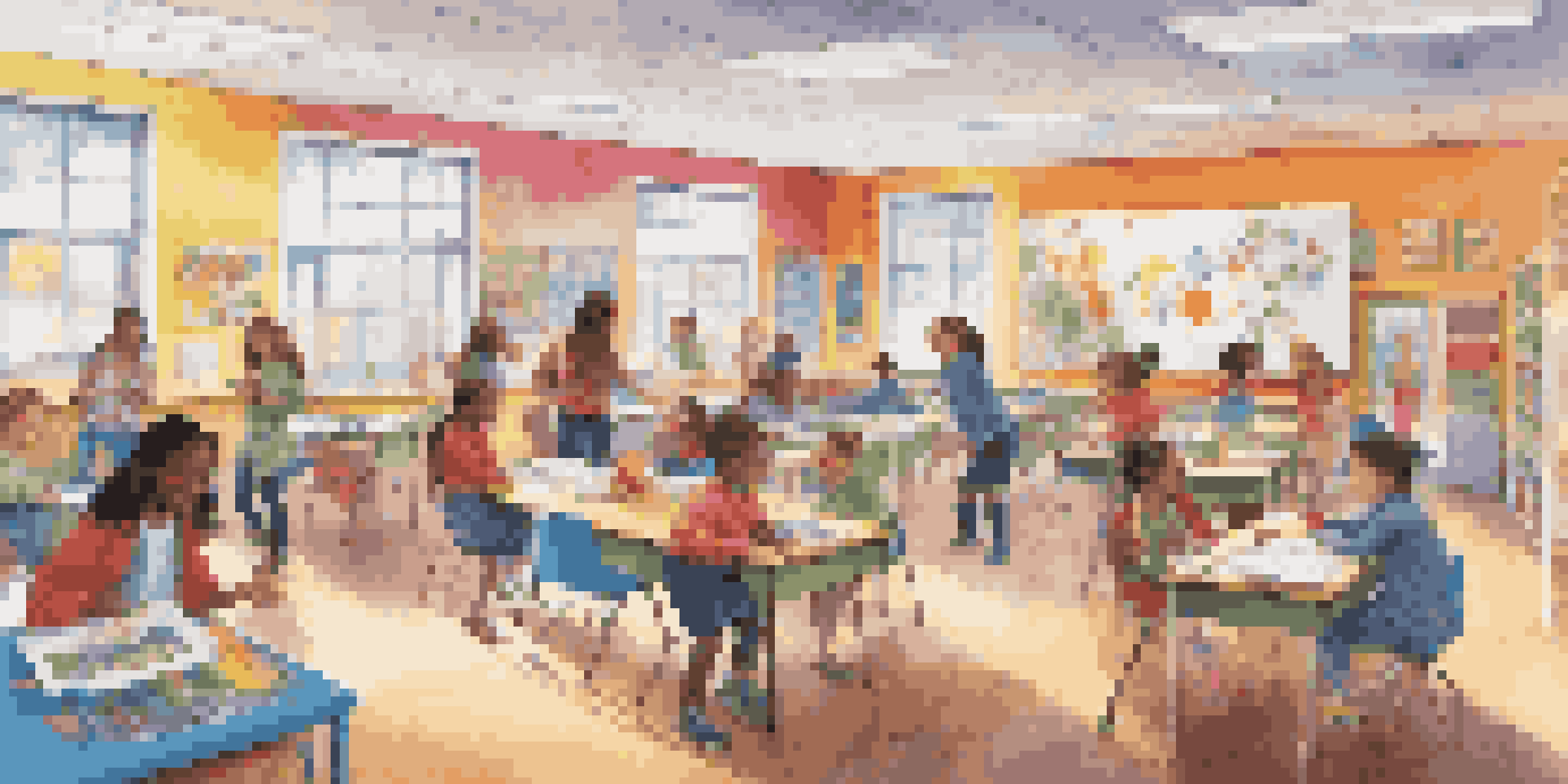 A lively classroom where students are actively participating in playful learning activities, surrounded by colorful educational materials.