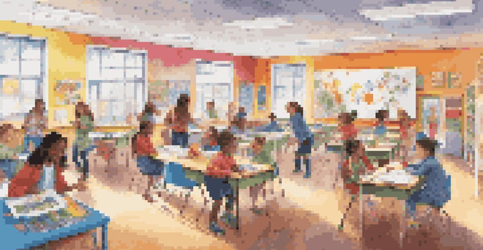 A lively classroom where students are actively participating in playful learning activities, surrounded by colorful educational materials.