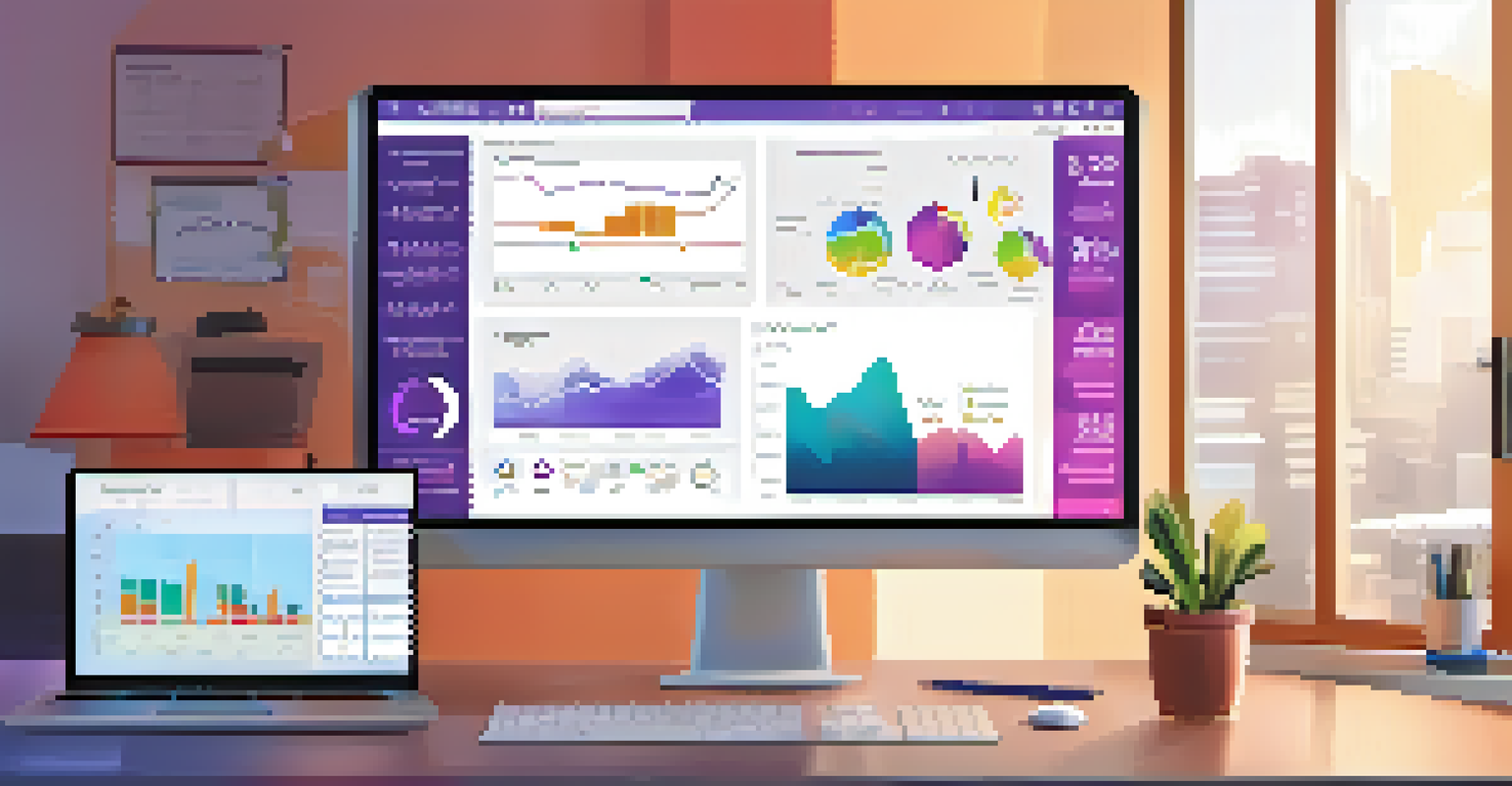A digital dashboard showing colorful graphs and analytics data in a modern workspace with a laptop and coffee.