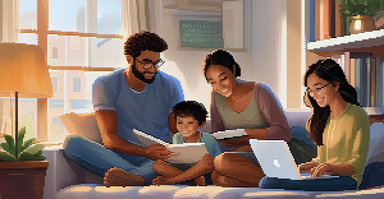 A family in a cozy living room gathered around a laptop, exploring an online learning platform together, illustrating collaboration in education.