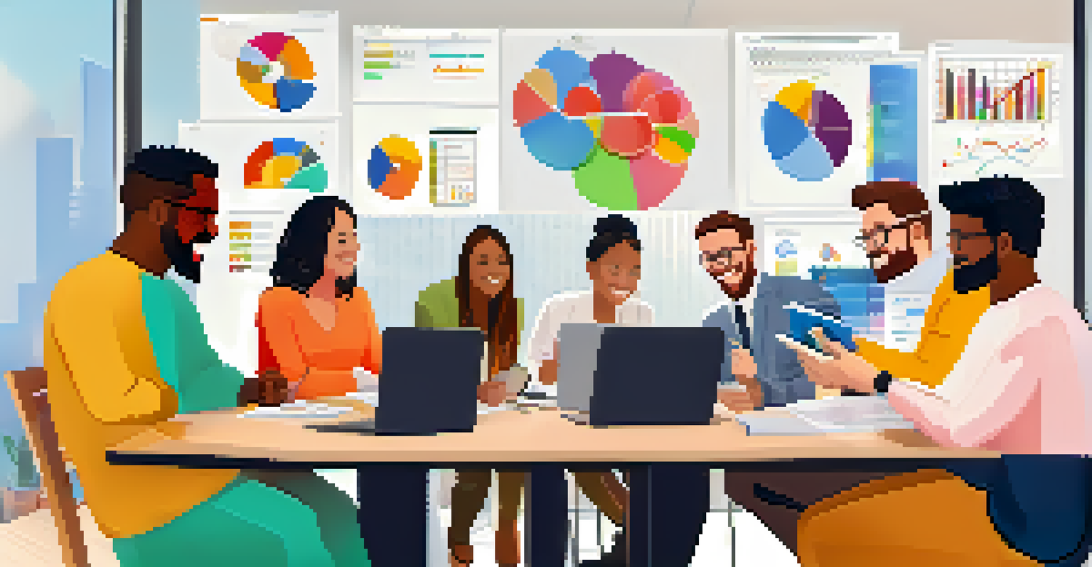 A group of diverse project managers at a table discussing microlearning techniques with charts and devices around them.