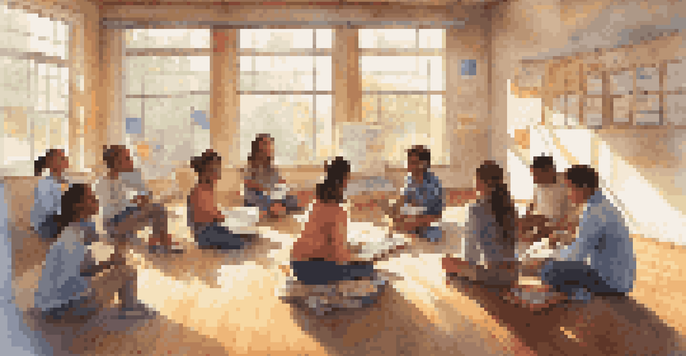 A diverse group of students sitting in a circle in a bright classroom, engaged in a discussion with notebooks, surrounded by educational posters.