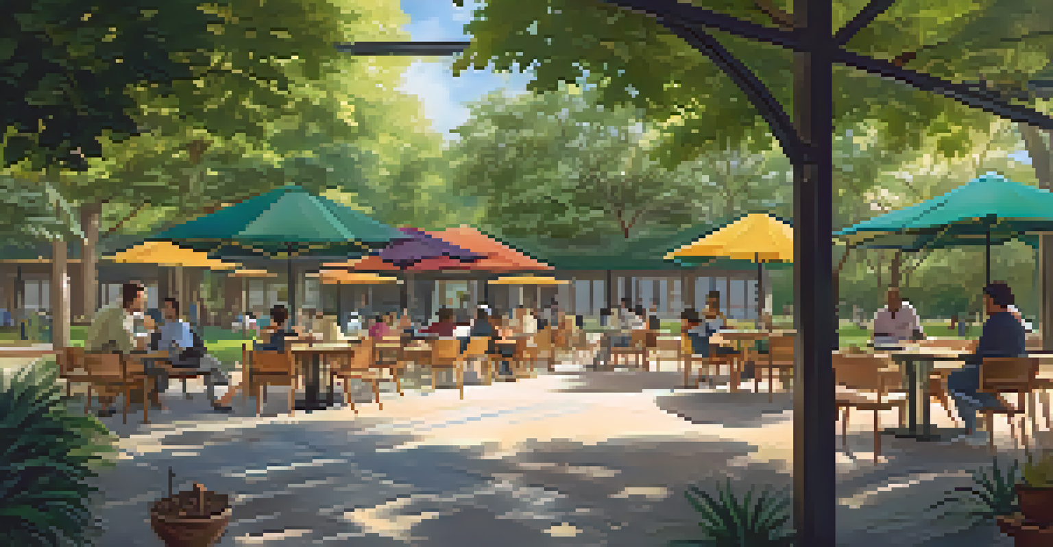 A serene outdoor space where teachers gather to relax and share ideas in a supportive community atmosphere.