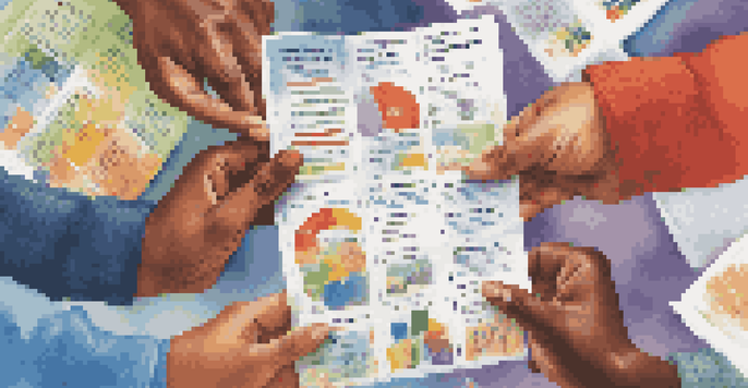 Close-up of diverse hands holding financial literacy materials in a community center, showcasing brochures and worksheets.