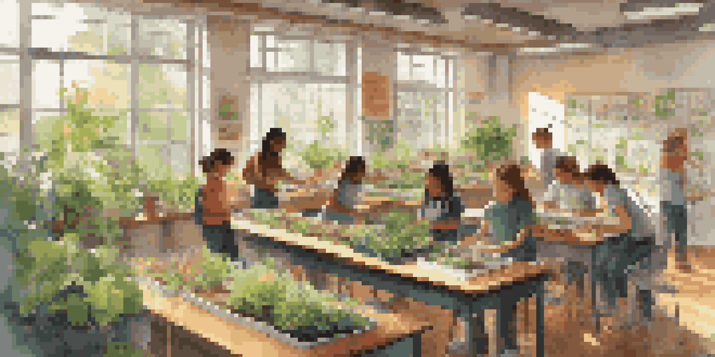 A classroom filled with students working on a gardening project, surrounded by plants and colorful sustainability posters.