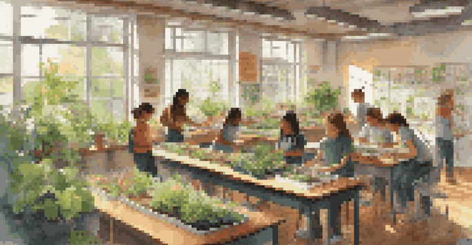 A classroom filled with students working on a gardening project, surrounded by plants and colorful sustainability posters.