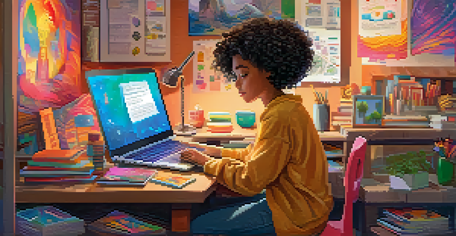 A young girl creating a digital story on her laptop, with a colorful storyboard visible on the screen, in a cozy study environment.