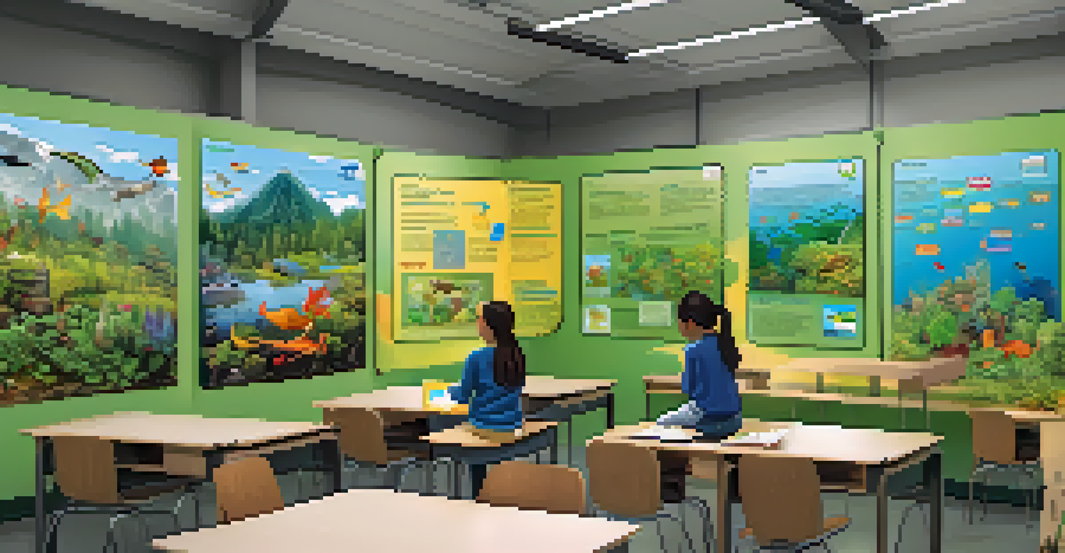 An interactive classroom with students using tablets to explore ecosystems, with colorful sustainability posters on the walls and a teacher guiding them.