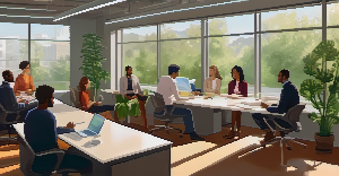 A diverse group of employees in a bright office, engaged in a respectful discussion with expressions of understanding.