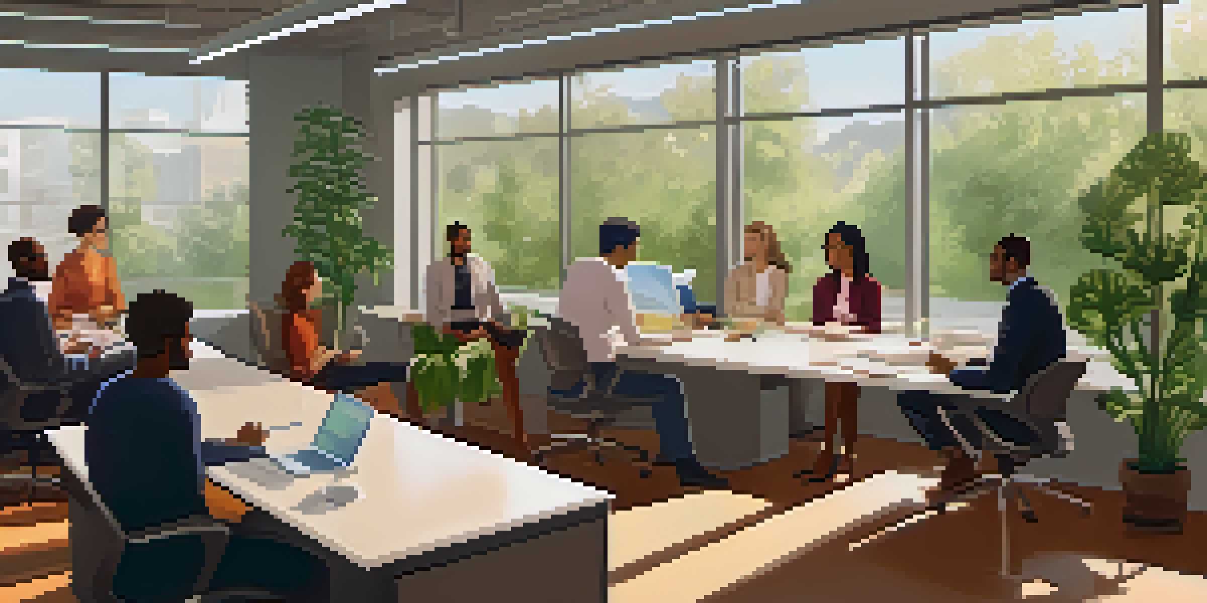 A diverse group of employees in a bright office, engaged in a respectful discussion with expressions of understanding.