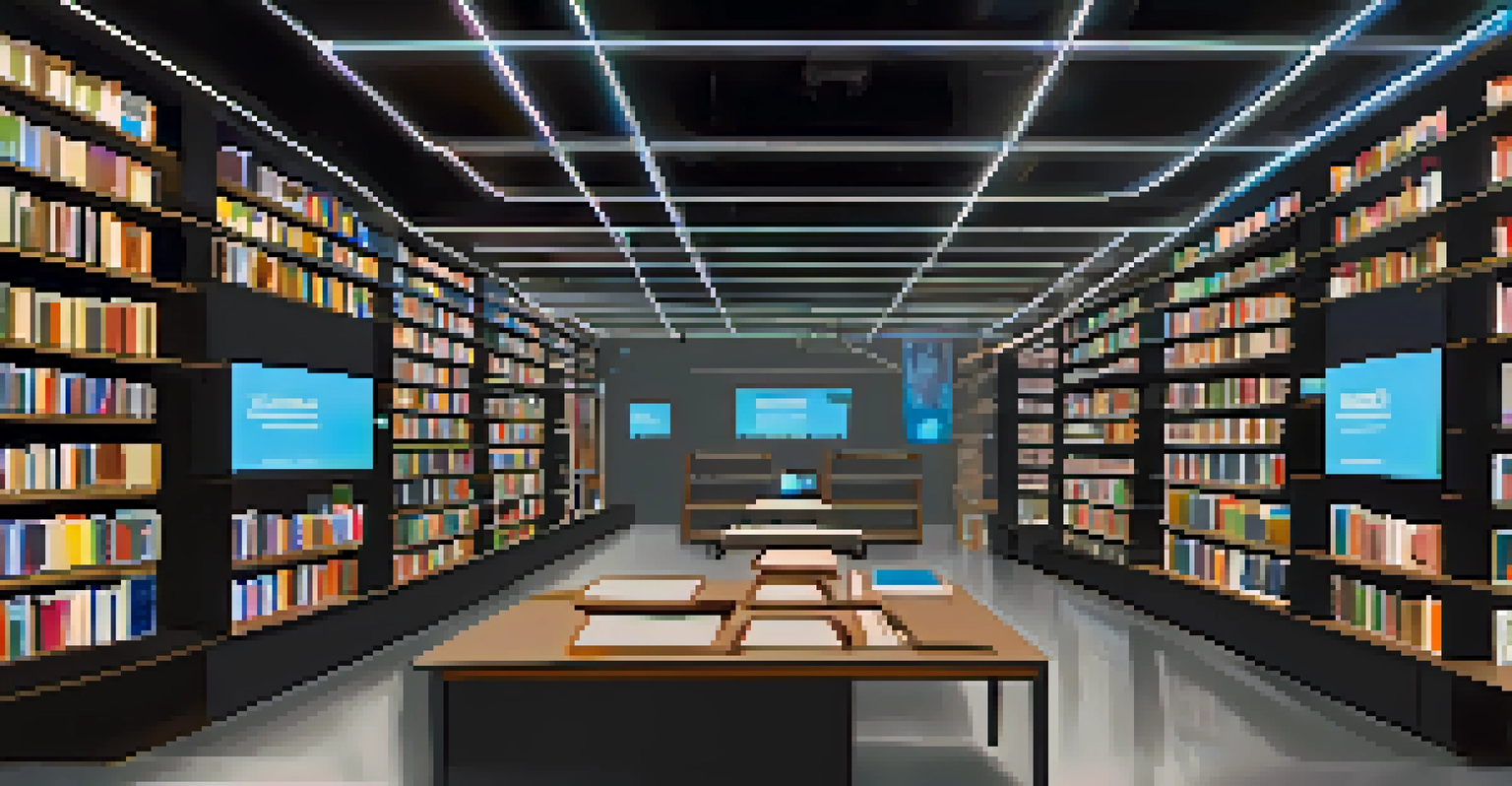 A futuristic library with interactive screens and holograms, where diverse students are exploring fact-checking resources under bright lighting.