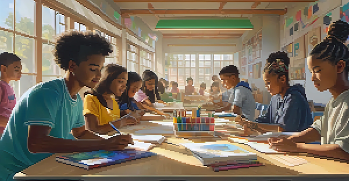 A diverse group of students working together on a project in a bright classroom filled with educational materials and cultural posters.