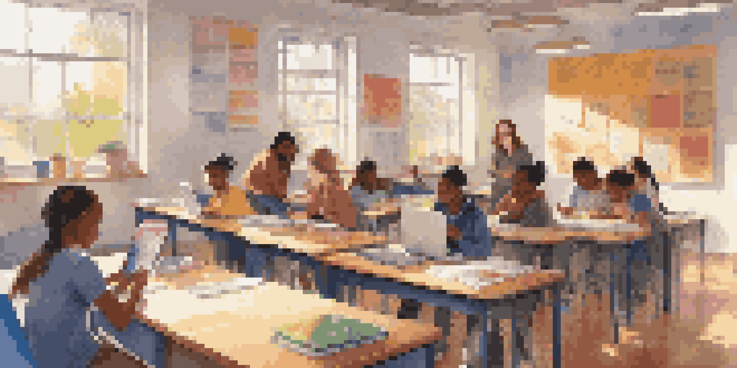 A diverse group of students in a bright classroom, using digital devices with a teacher assisting them.