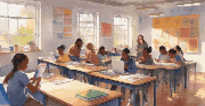 A diverse group of students in a bright classroom, using digital devices with a teacher assisting them.