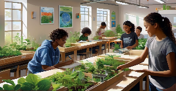 A colorful classroom where diverse students participate in a sustainability project, surrounded by plants and educational materials, with bright sunlight coming through the windows.