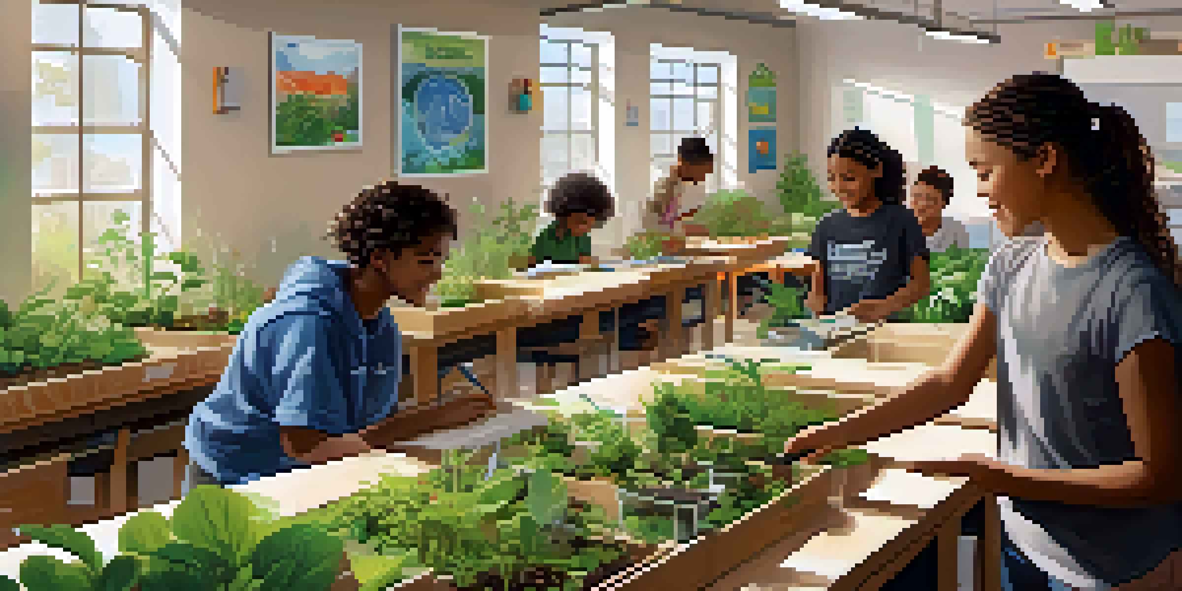 A colorful classroom where diverse students participate in a sustainability project, surrounded by plants and educational materials, with bright sunlight coming through the windows.