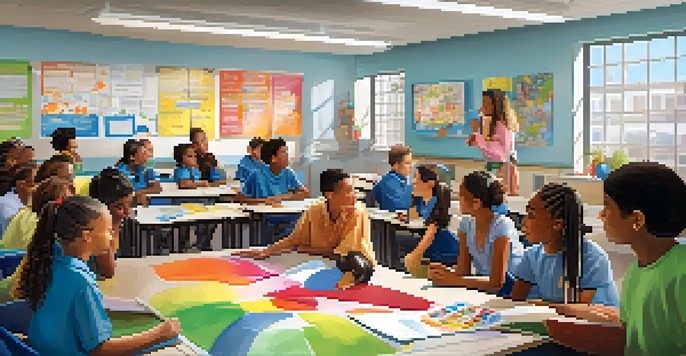 A diverse group of students participating in a safety workshop in a colorful classroom, with a teacher guiding the discussion and safety posters on the walls.