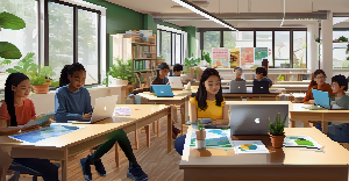 A diverse group of students engaging in digital learning activities with laptops in a bright and inviting classroom.