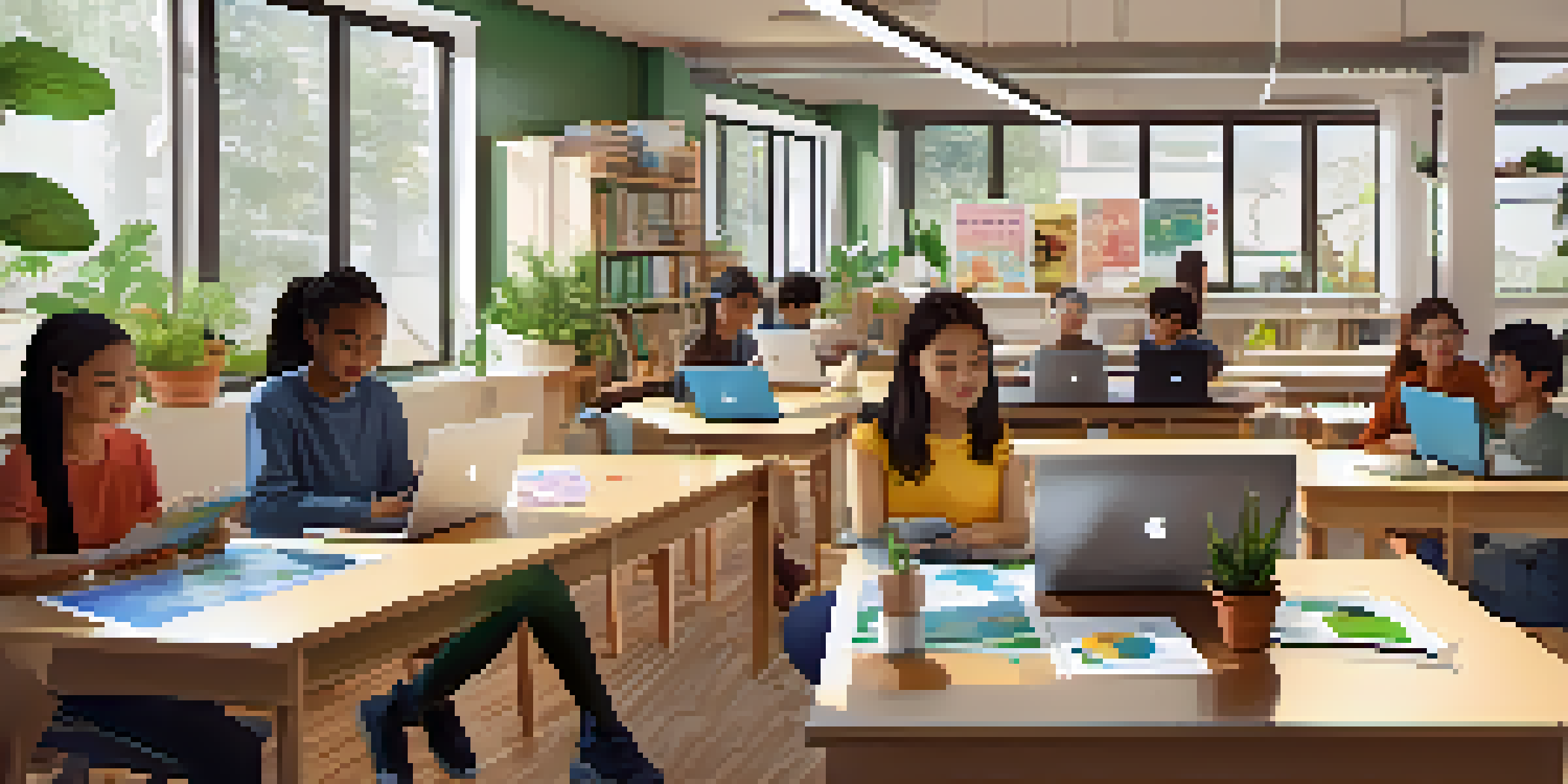 A diverse group of students engaging in digital learning activities with laptops in a bright and inviting classroom.