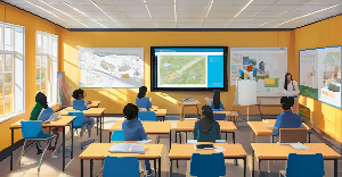 A classroom setting with students learning both in-person and online, showing a modern and inclusive environment.