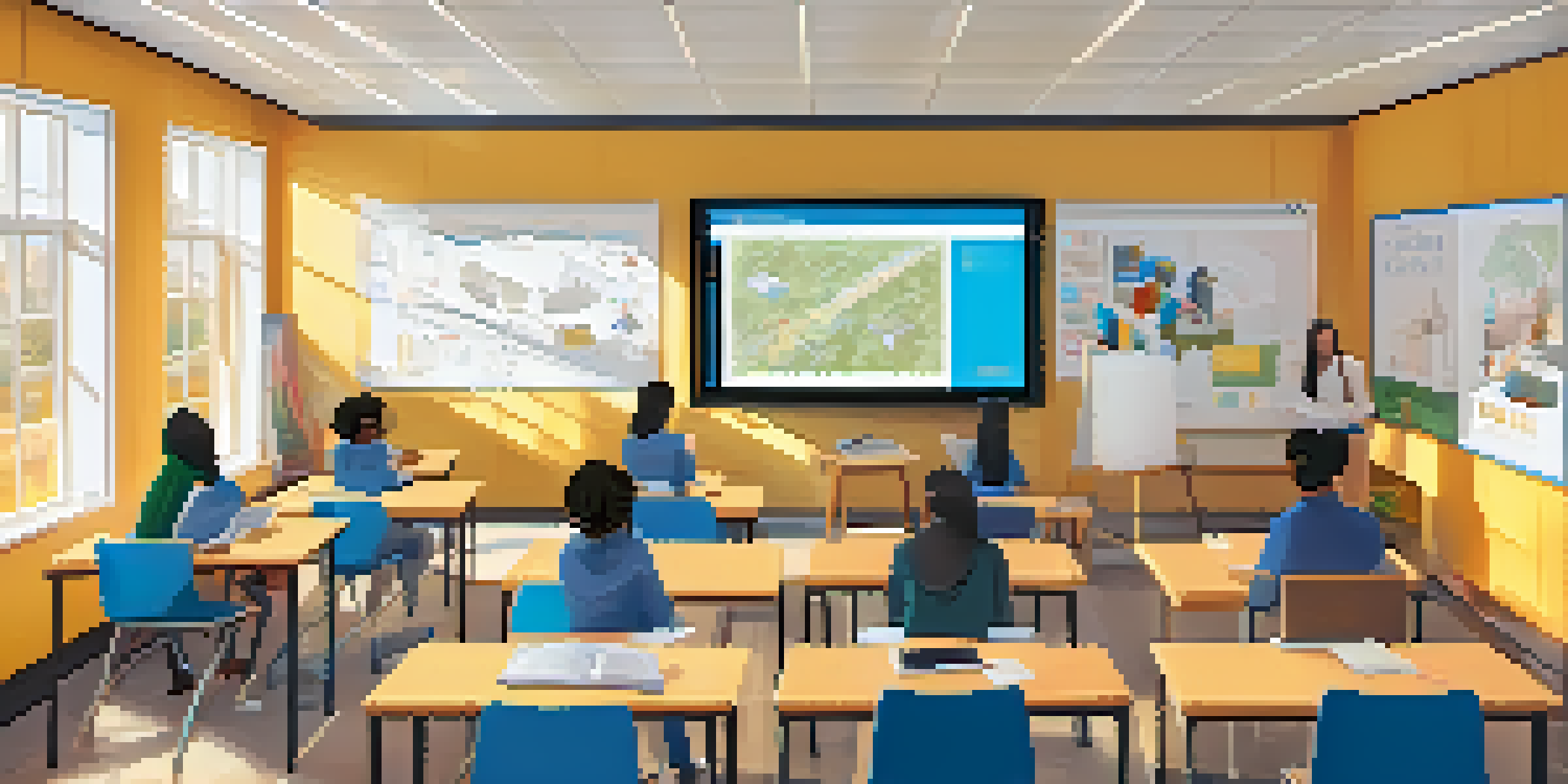 A classroom setting with students learning both in-person and online, showing a modern and inclusive environment.