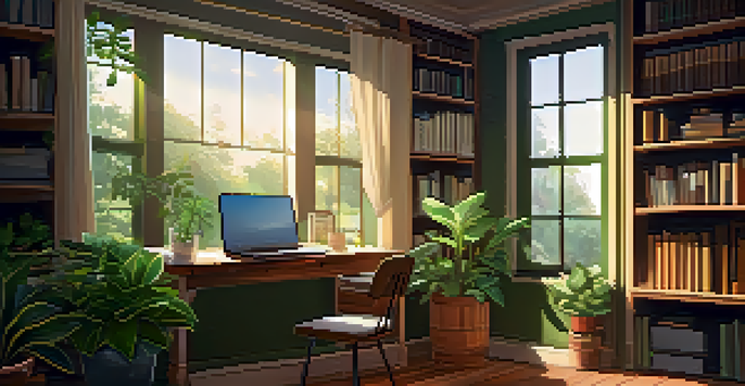 A cozy study space with a wooden desk, laptop, green plants, and a warm light, creating a serene atmosphere for learning.