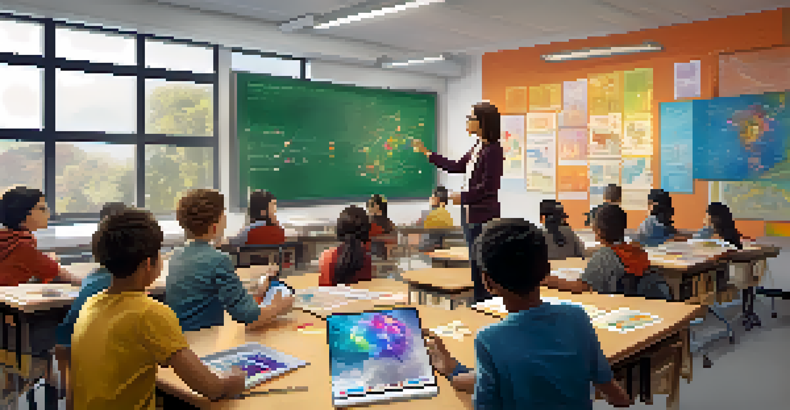 A teacher facilitating a group project with students using AI tools in a colorful classroom.
