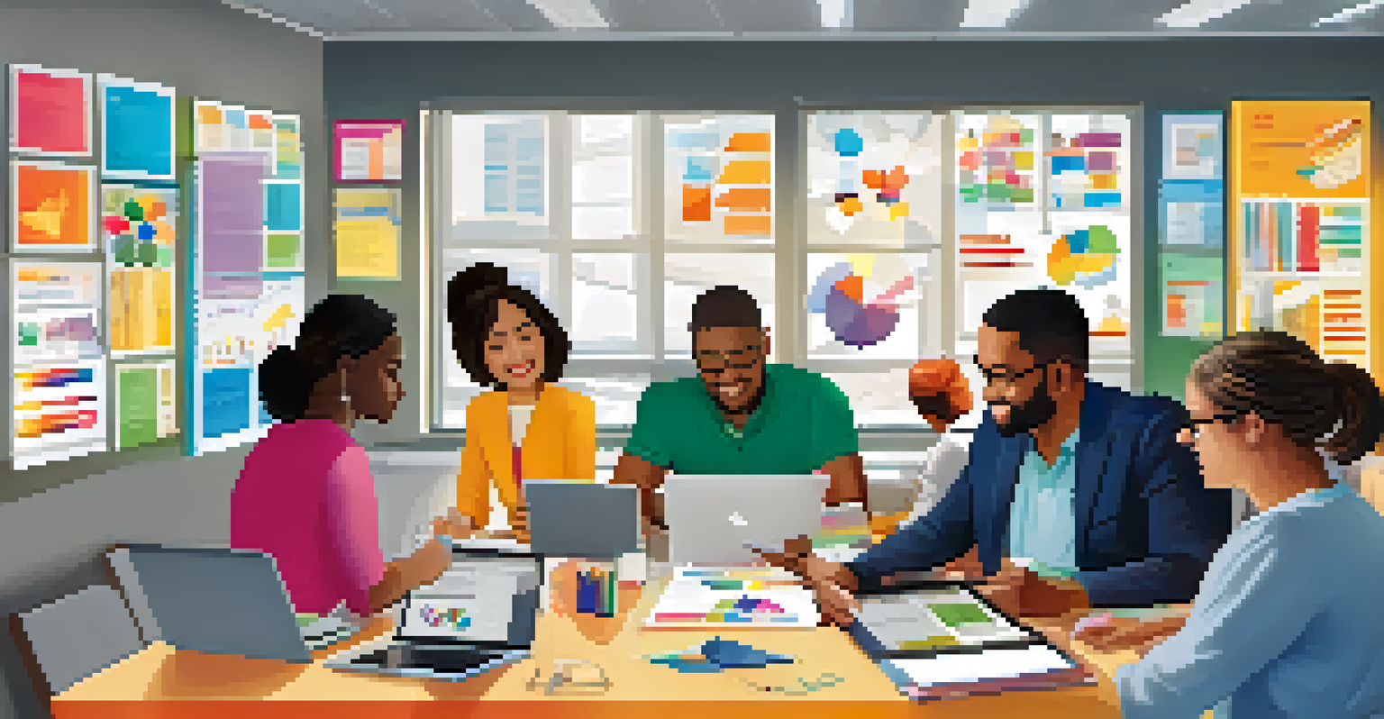 A diverse group of educators collaborating around a table with laptops and printed resources, surrounded by colorful educational charts, under bright sunlight.