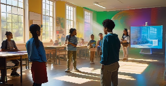 A classroom where students interact with 3D holograms of historical artifacts, with a diverse group of students and a teacher.