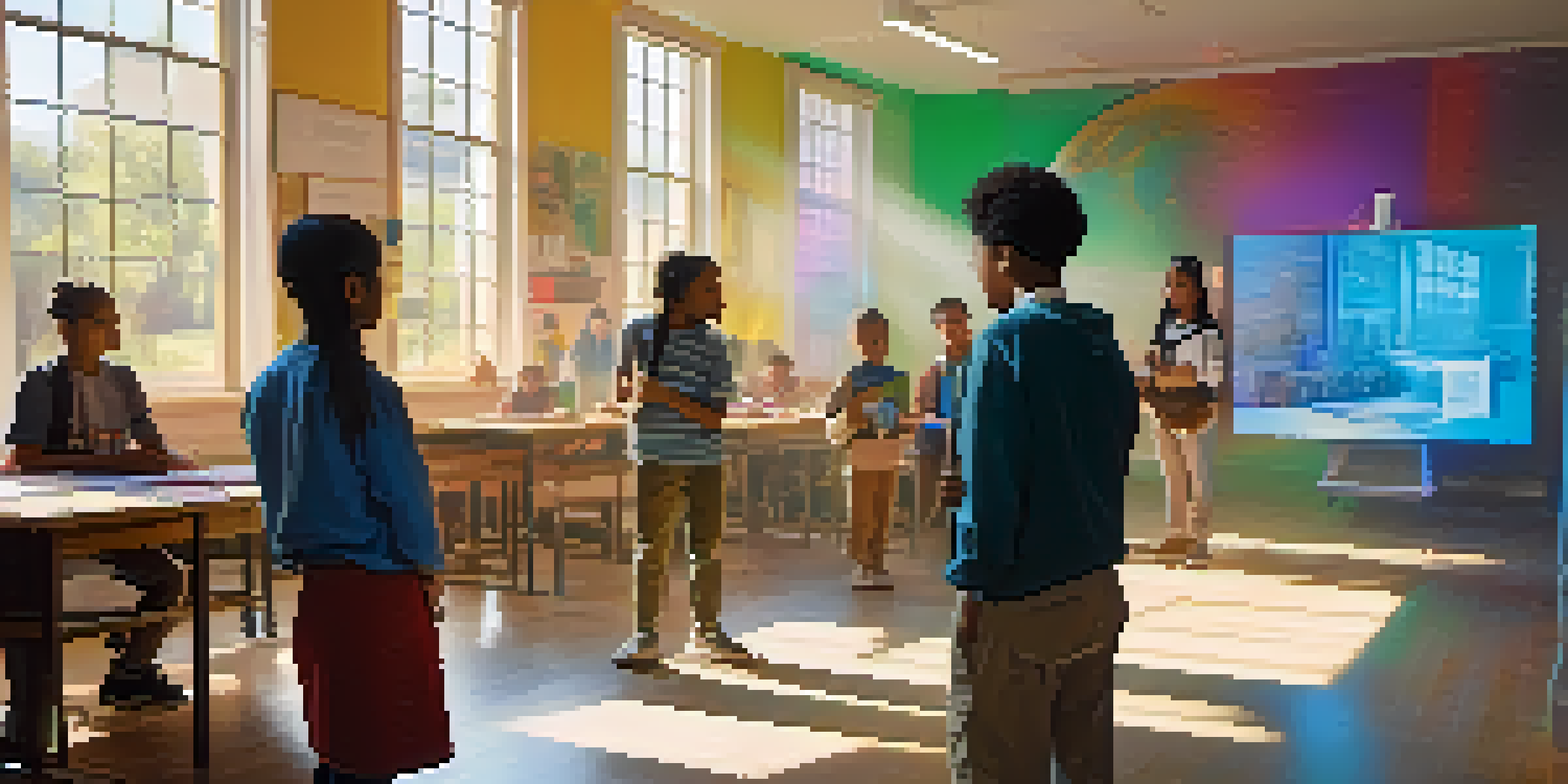 A classroom where students interact with 3D holograms of historical artifacts, with a diverse group of students and a teacher.