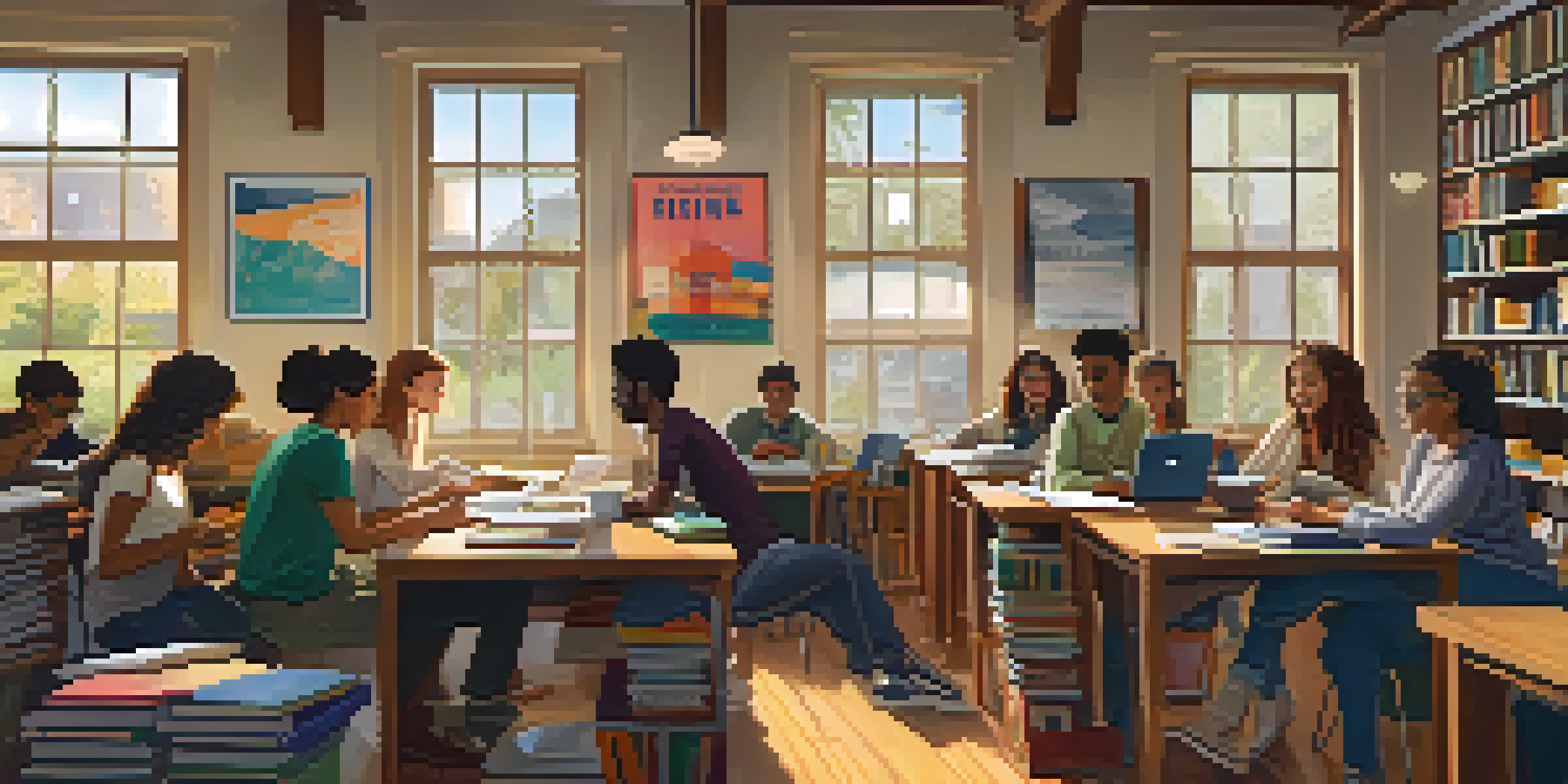 A diverse group of students collaborating in a library, with books and laptops, in a warm and inviting atmosphere.